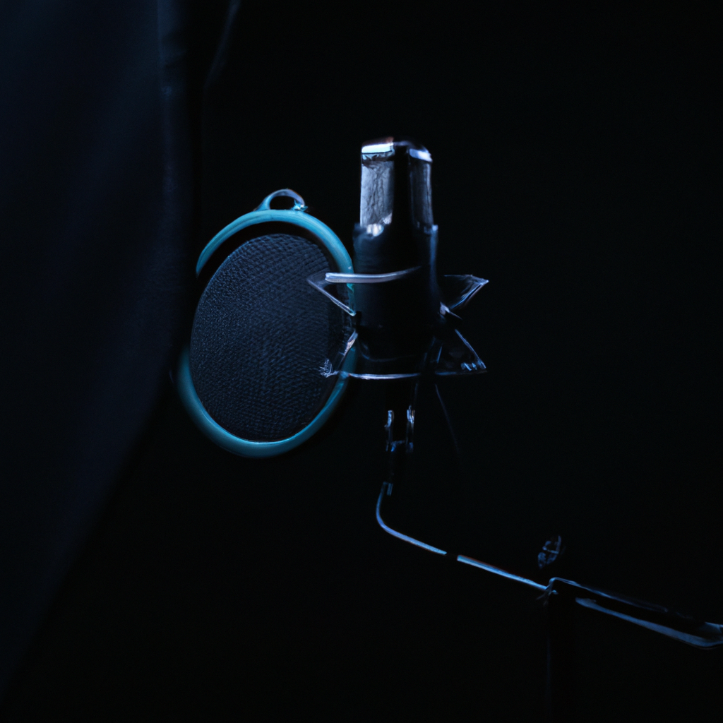 Studio voix-off minimaliste avec microphone à condensateur et filtre anti-pop sur fond doux